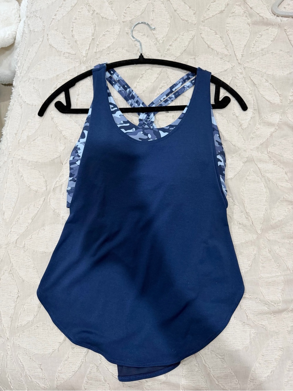 Fabletics Navy Blue Tank with Blue Camo Strappy Back